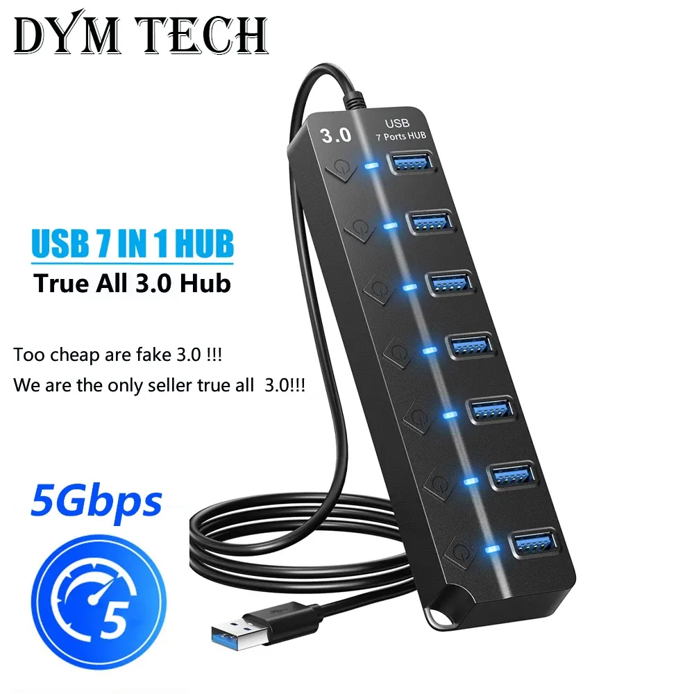Hub USB 3.0 7 ports, 5 Gbit/s, avec adaptateur secteur et interrupteur, câble long