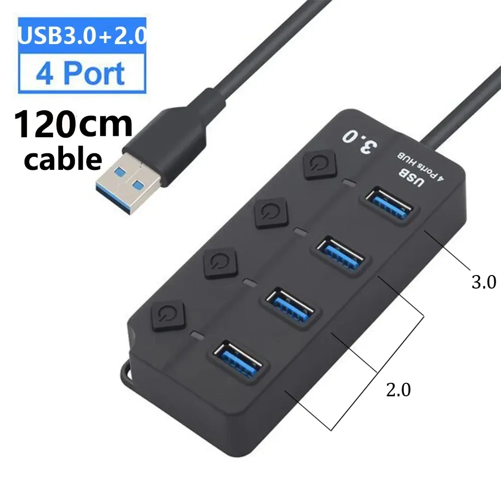 Hub USB 3.0 7 ports, 5 Gbit/s, avec adaptateur secteur et interrupteur, câble long 8