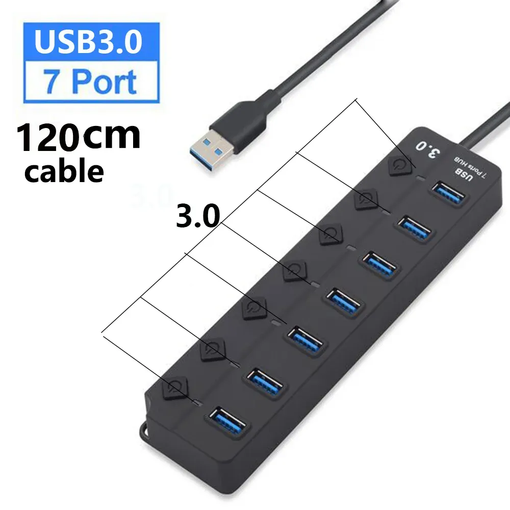 Hub USB 3.0 7 ports, 5 Gbit/s, avec adaptateur secteur et interrupteur, câble long 12