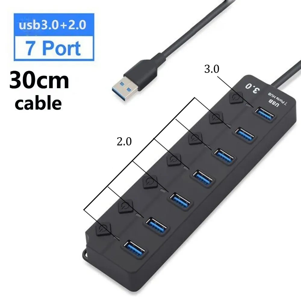 Hub USB 3.0 7 ports, 5 Gbit/s, avec adaptateur secteur et interrupteur, câble long 9
