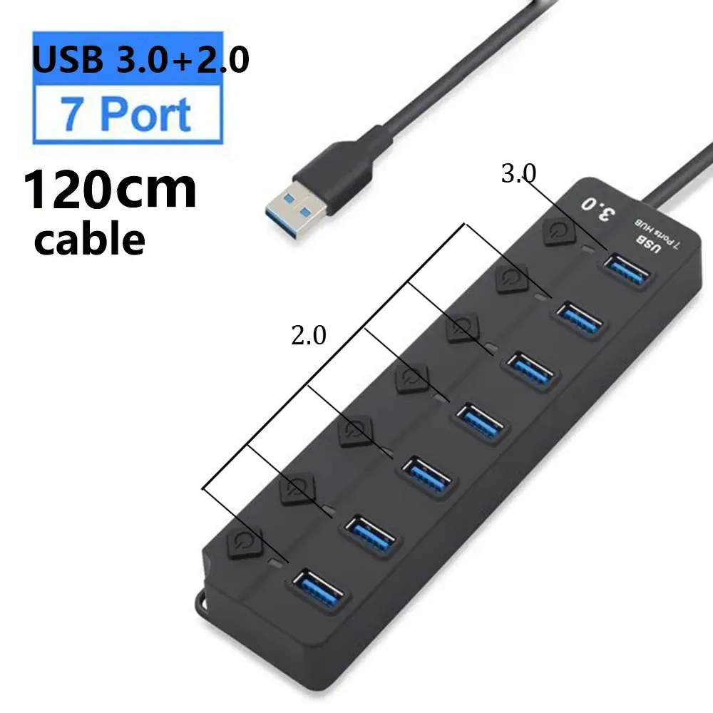 Hub USB 3.0 7 ports, 5 Gbit/s, avec adaptateur secteur et interrupteur, câble long 10