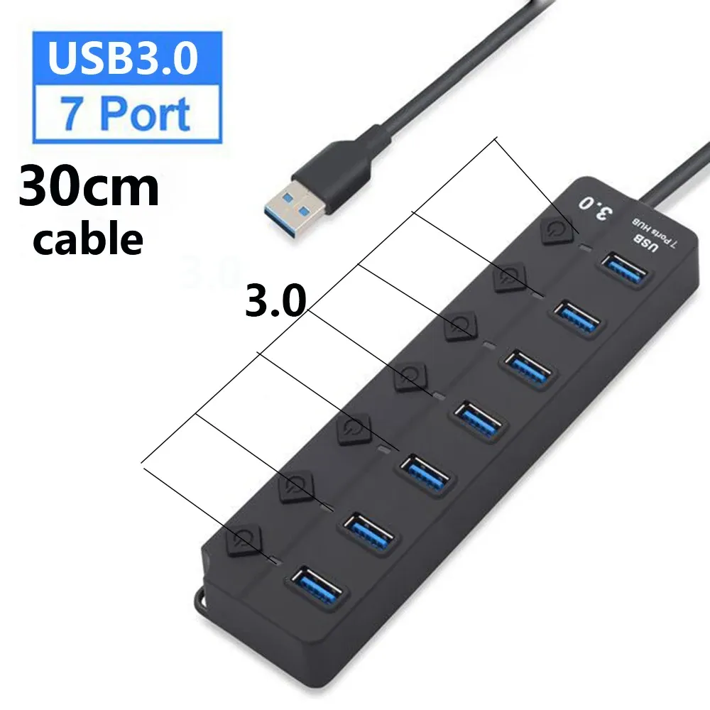 Hub USB 3.0 7 ports, 5 Gbit/s, avec adaptateur secteur et interrupteur, câble long 11