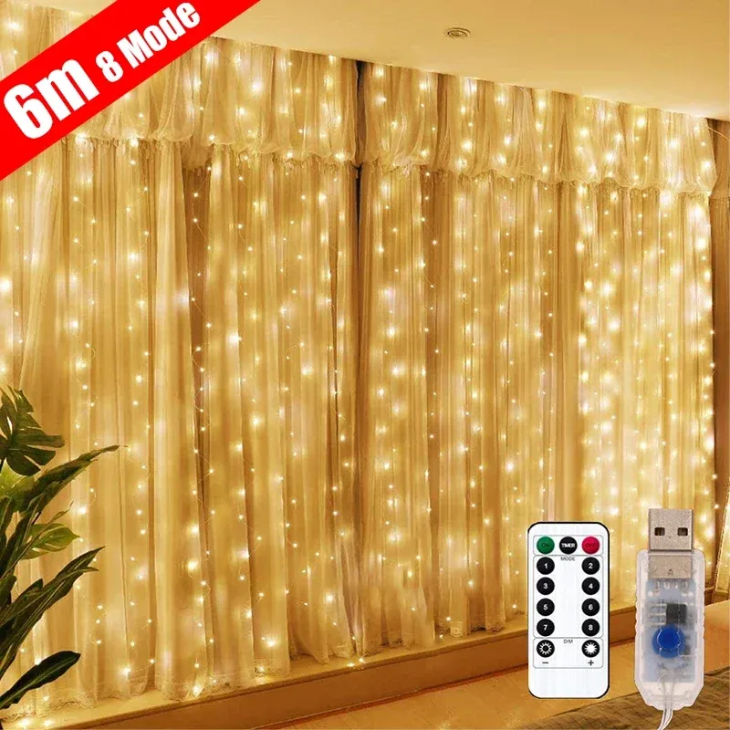 Guirlande lumineuse LED en rideau pour fenêtre, guirlande USB avec télécommande, fil nickel, décorations de Noël et de mariage, pour la maison et la chambre, 3 m 3