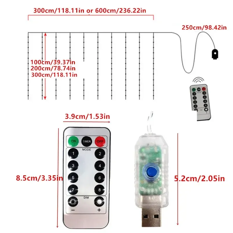Guirlande lumineuse LED en rideau pour fenêtre, guirlande USB avec télécommande, fil nickel, décorations de Noël et de mariage, pour la maison et la chambre, 3 m 6