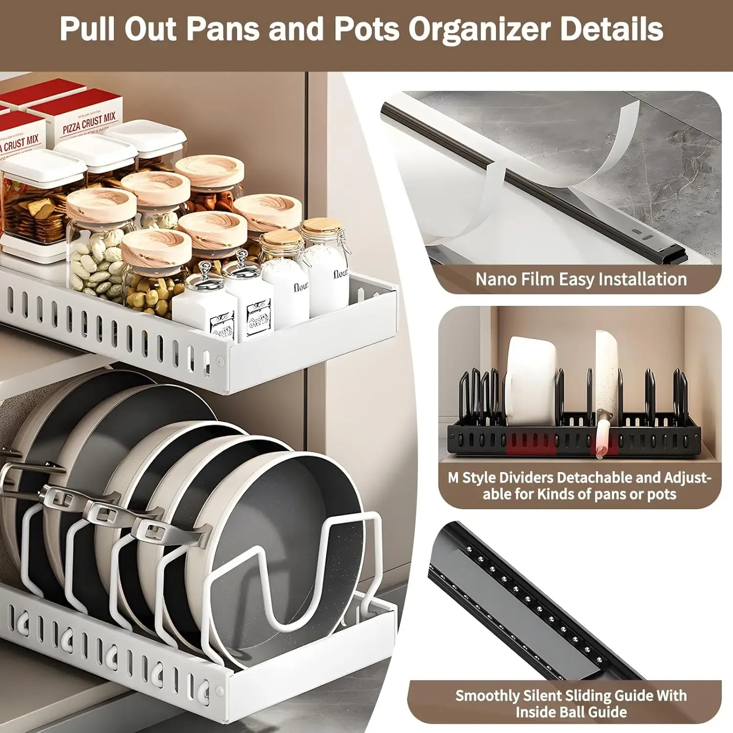 Organisateur coulissant pour casseroles, poêles et couvercles à installer sous armoire, avec séparateurs réglables 3