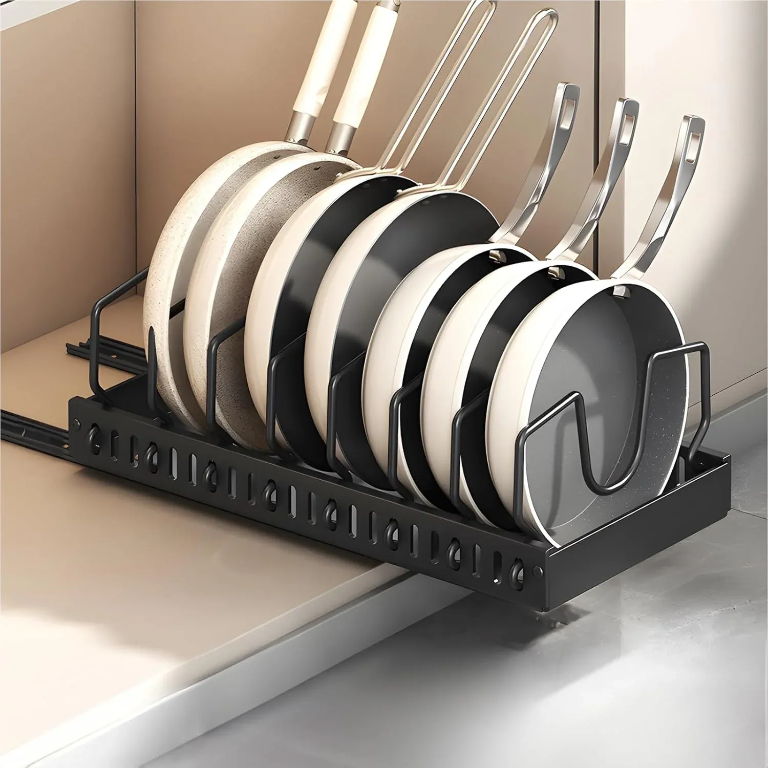 Organisateur coulissant pour casseroles, poêles et couvercles à installer sous armoire, avec séparateurs réglables 10