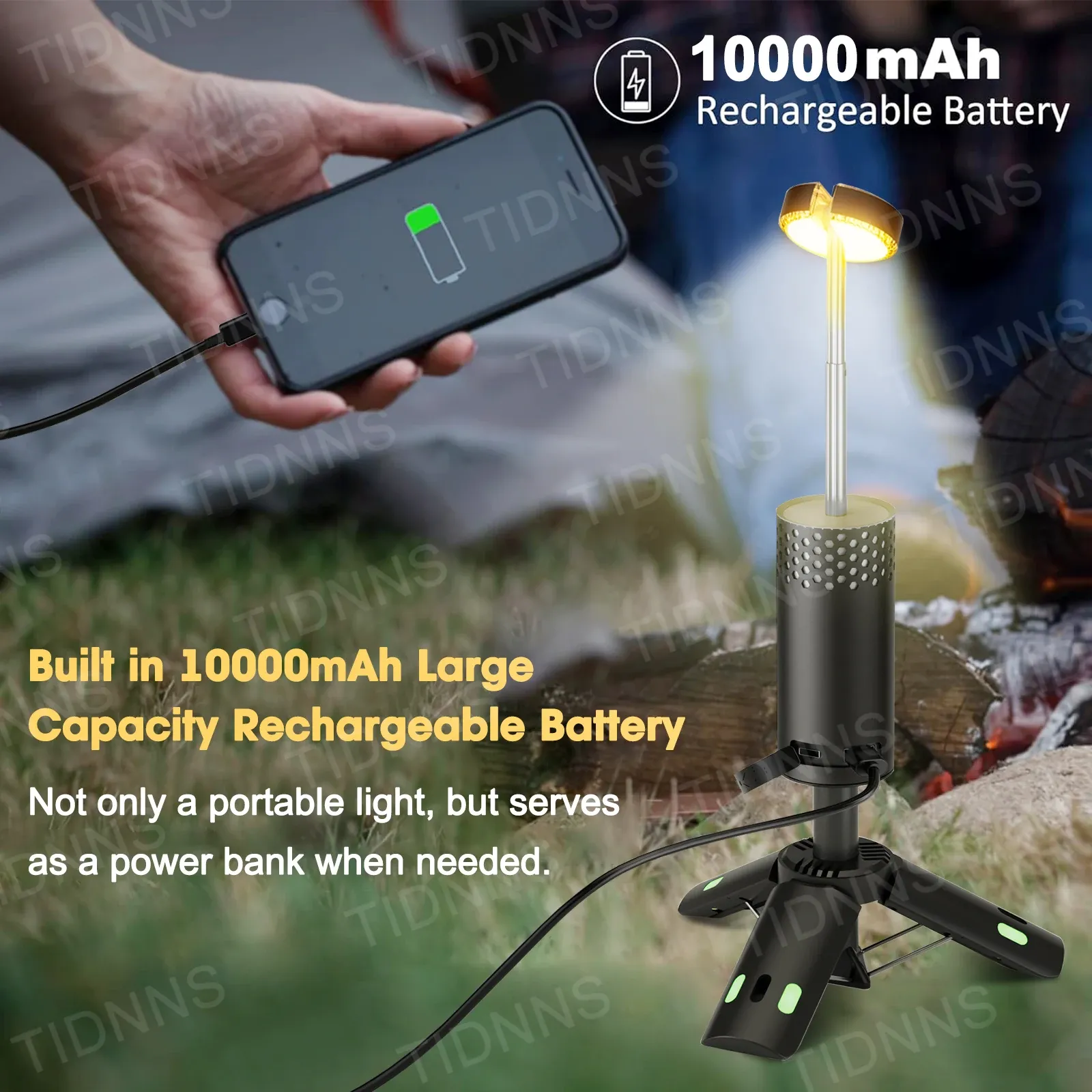 Lampe télescopique de camping, lanterne de pêche rechargeable à intensité variable, lumière d'ambiance nocturne, lampe de secours en cas de panne de courant, 10000 mAh 2
