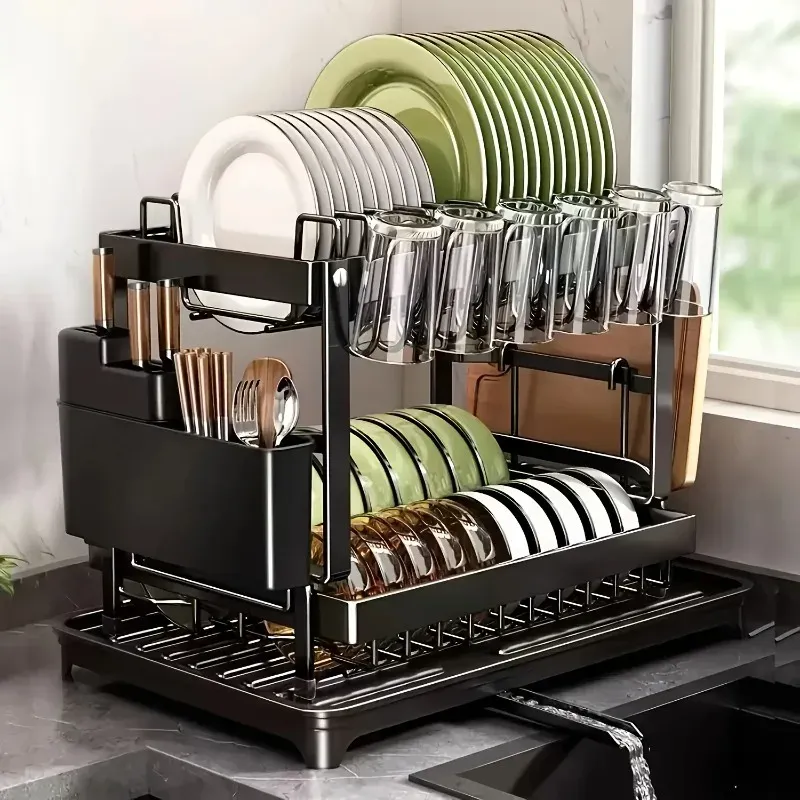 1 pièce, égouttoir à vaisselle détachable à 2 niveaux, organisateur de vaisselle de cuisine multifonctionnel en métal pour plan de travail avec égouttoir et support pour ustensiles 2