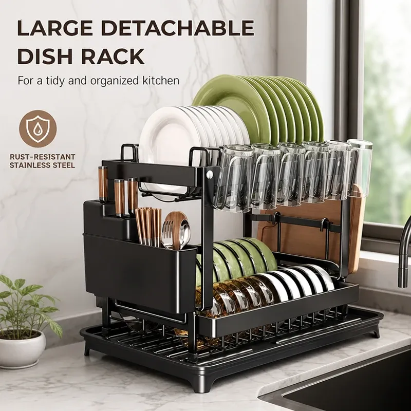 1 pièce, égouttoir à vaisselle détachable à 2 niveaux, organisateur de vaisselle de cuisine multifonctionnel en métal pour plan de travail avec égouttoir et support pour ustensiles 1