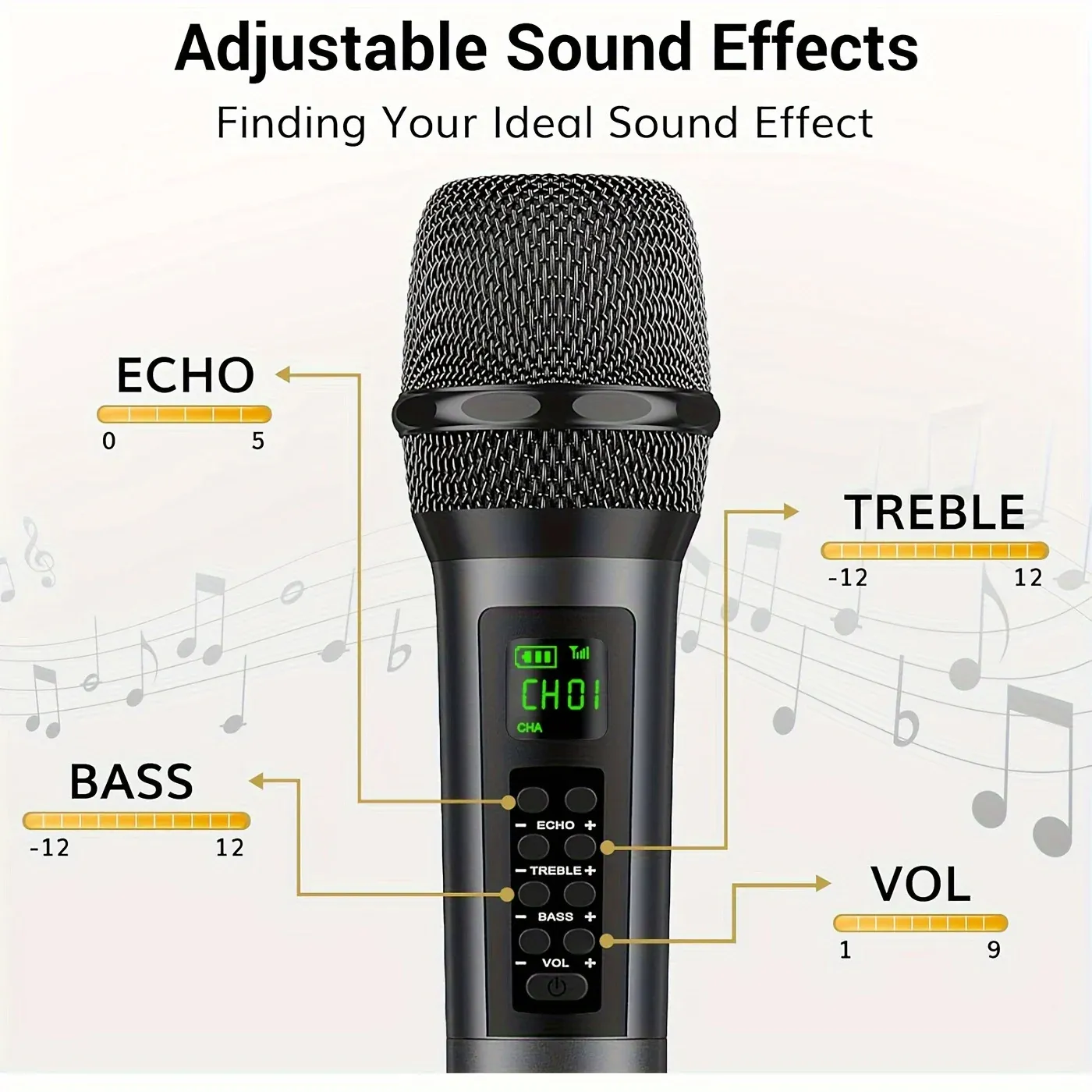 Microphone sans fil rechargeable portable avec réglage de l'écho, des aigus, des basses et du volume pour le karaoké 3