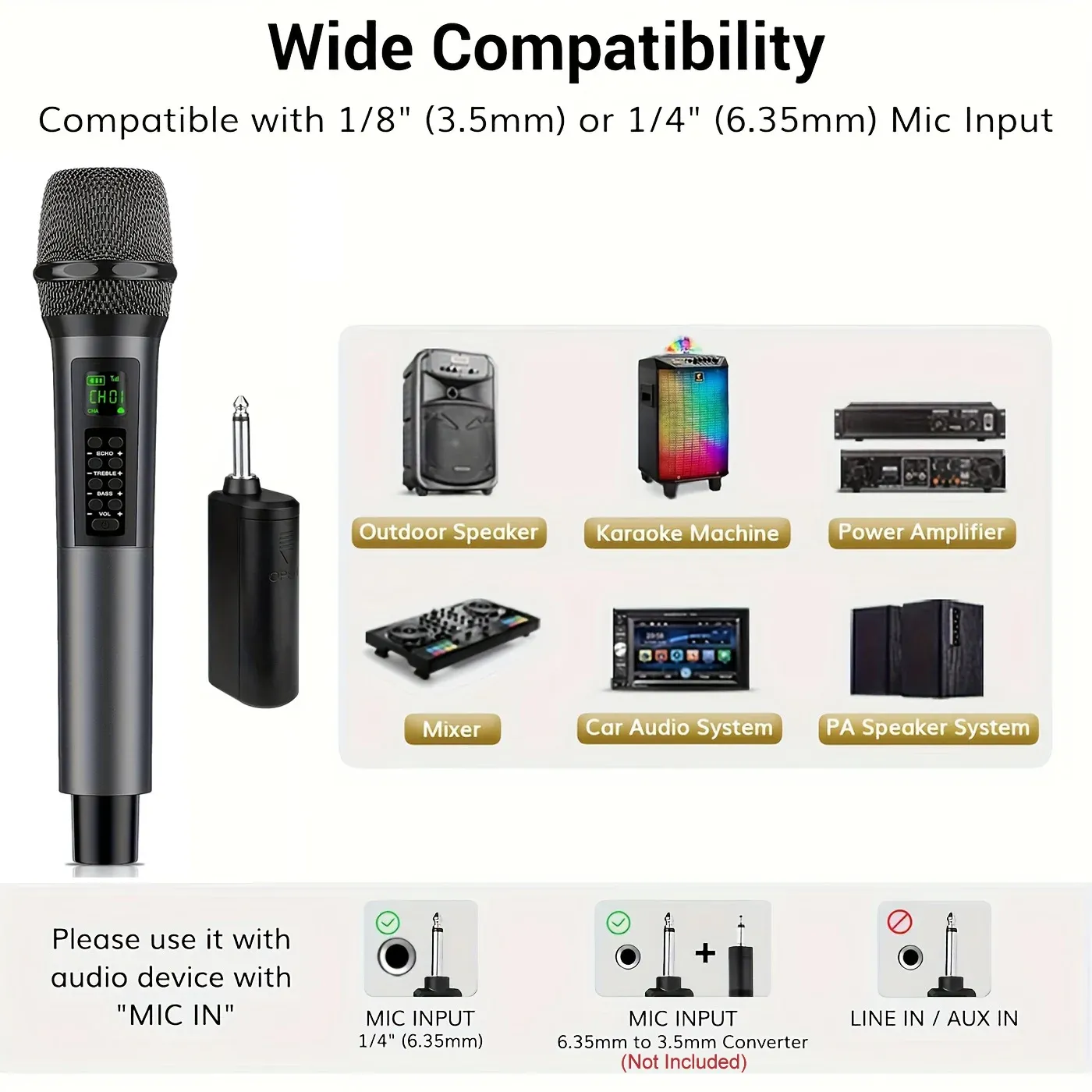 Microphone sans fil rechargeable portable avec réglage de l'écho, des aigus, des basses et du volume pour le karaoké 6