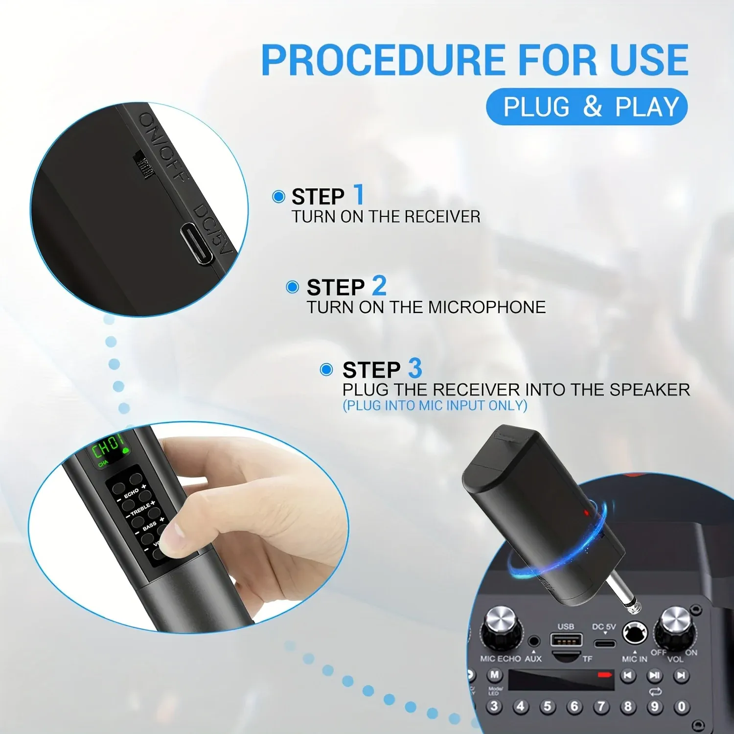 Microphone karaoké sans fil avec ses commandes de réglage