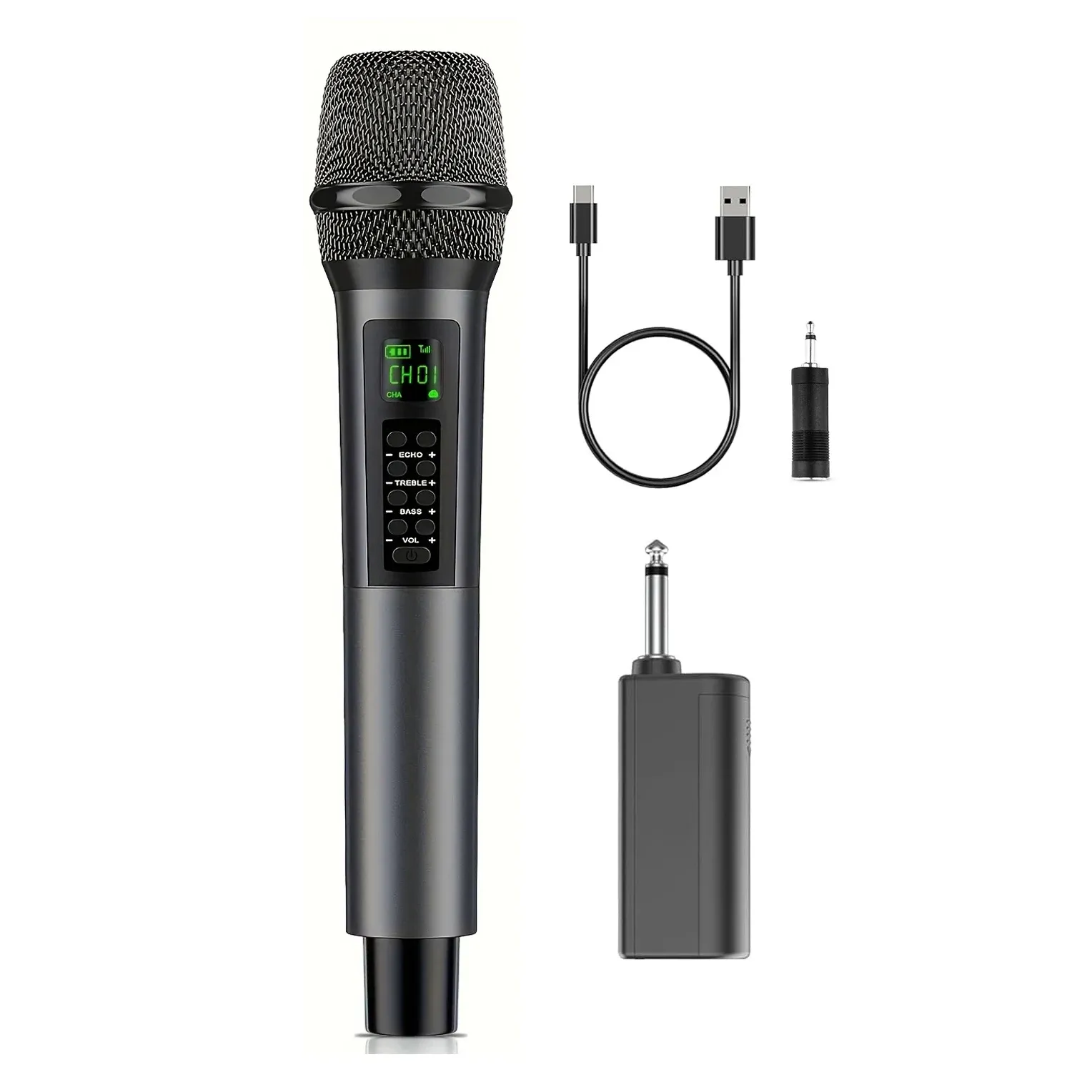 Microphone sans fil rechargeable portable avec réglage de l'écho, des aigus, des basses et du volume pour le karaoké 8