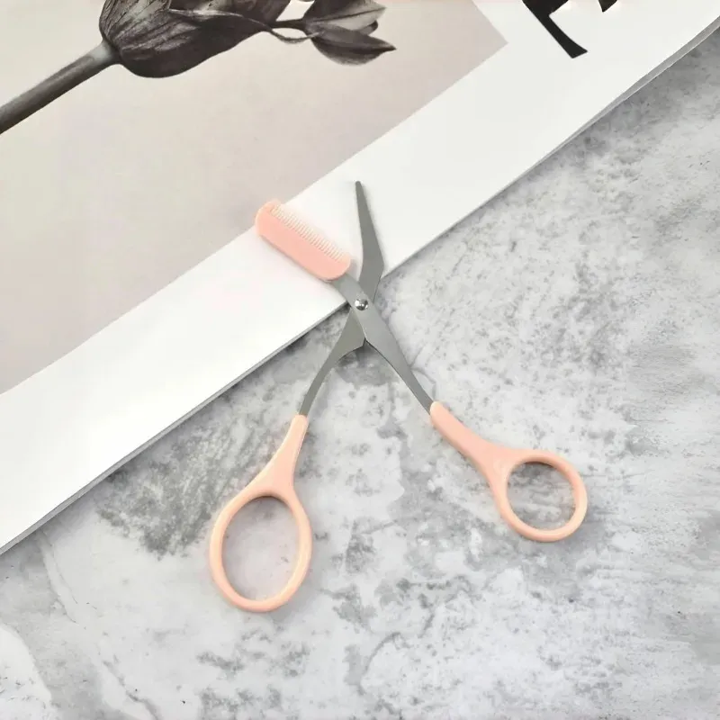 Ciseaux à sourcils roses avec peigne intégré en acier inoxydable, outil de toilettage précis pour des sourcils parfaits, 1 pièce 6