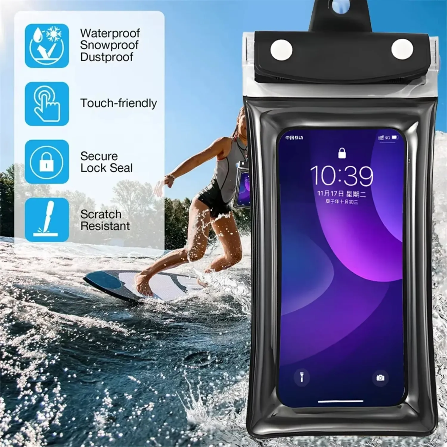 Pochette étanche universelle pour téléphone, compatible écran tactile, avec lanière, idéale pour la plage, la natation et la plongée 4