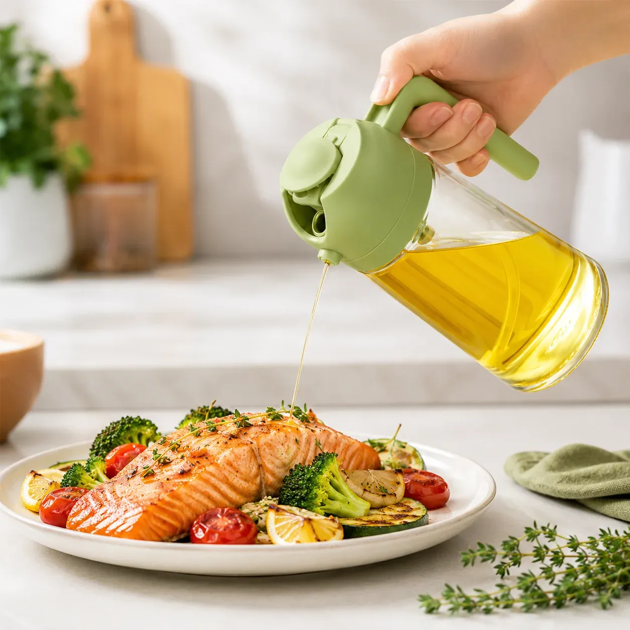 Pulvérisateur et distributeur d'huile d'olive 2-en-1 en verre, 470 ml – Bouteille anti-fuite pour la cuisson et les salades 4