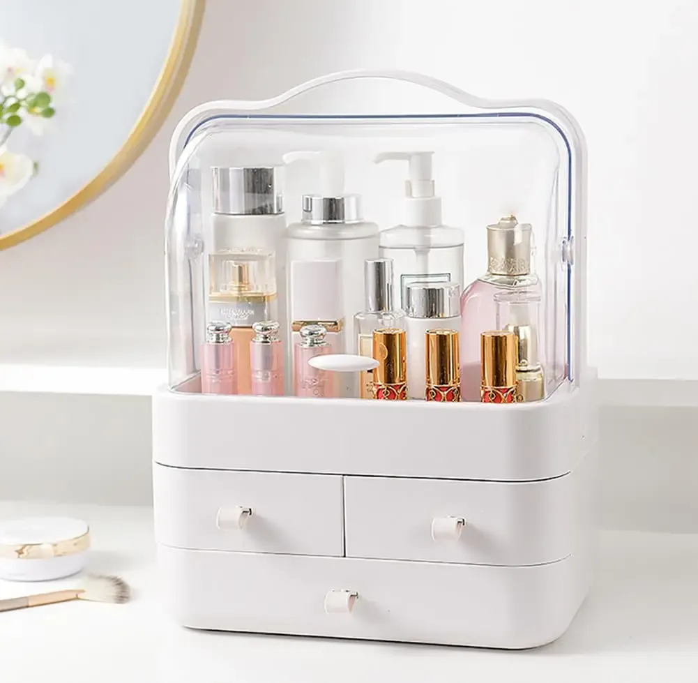 Organisateur de cosmétiques pour commode avec couvercle et tiroir, rangement pour soins de la peau étanche et anti-poussière 3