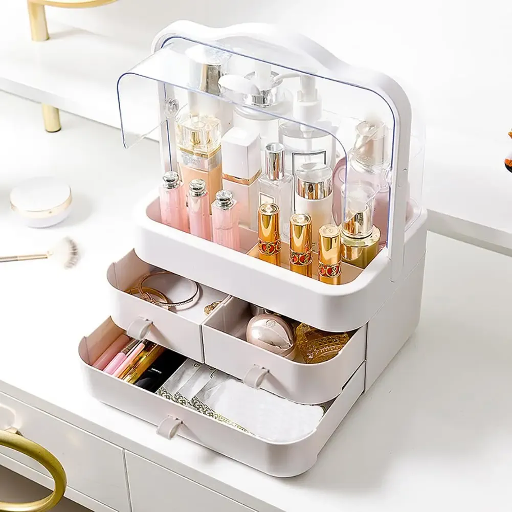 Organisateur de cosmétiques pour commode avec couvercle et tiroir, rangement pour soins de la peau étanche et anti-poussière 2
