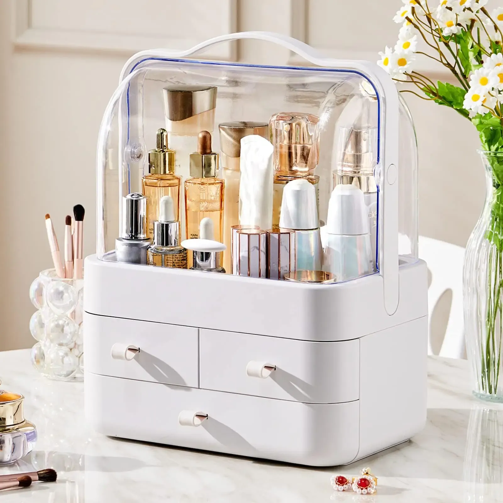 Organisateur de cosmétiques pour commode avec couvercle et tiroir, rangement pour soins de la peau étanche et anti-poussière - Image 1