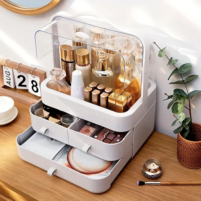Organisateur de cosmétiques pour commode avec couvercle et tiroir, rangement pour soins de la peau étanche et anti-poussière 5