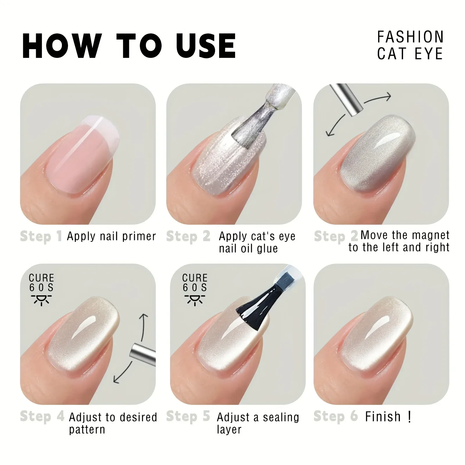 Finition lumineuse d'un nail art effet œil de chat