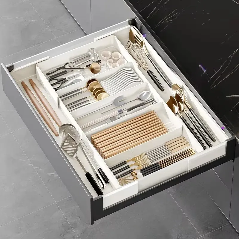 Boîte de rangement rétractable pour tiroir de cuisine, organiseur de tiroir séparable grande capacité, rangement pour couverts et vaisselle - Image 1