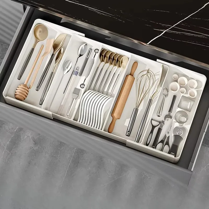 Boîte de rangement rétractable pour tiroir de cuisine, organiseur de tiroir séparable grande capacité, rangement pour couverts et vaisselle 4
