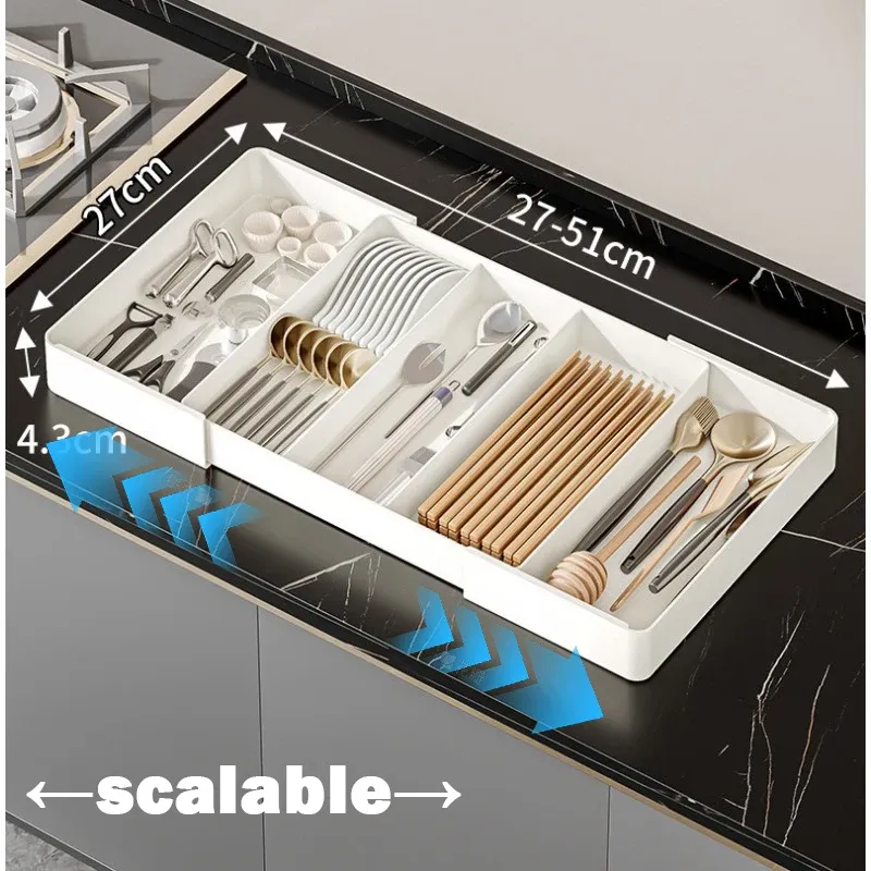 Boîte de rangement rétractable pour tiroir de cuisine, organiseur de tiroir séparable grande capacité, rangement pour couverts et vaisselle 9