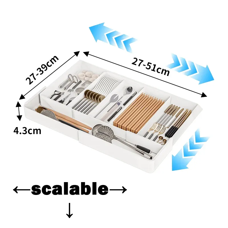 Boîte de rangement rétractable pour tiroir de cuisine, organiseur de tiroir séparable grande capacité, rangement pour couverts et vaisselle 8