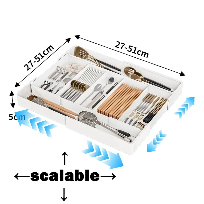 Boîte de rangement rétractable pour tiroir de cuisine, organiseur de tiroir séparable grande capacité, rangement pour couverts et vaisselle 10