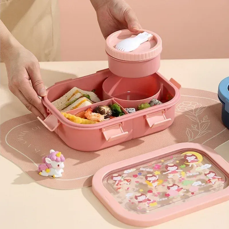 Boîte à déjeuner à motifs dessins animés 1000/1350 ml avec bol à soupe, boîte Bento à anse portable, hermétique et étanche 3