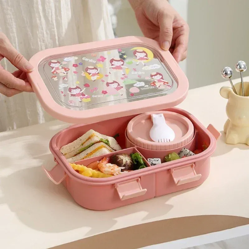 Boîte à déjeuner à motifs dessins animés 1000/1350 ml avec bol à soupe, boîte Bento à anse portable, hermétique et étanche 4