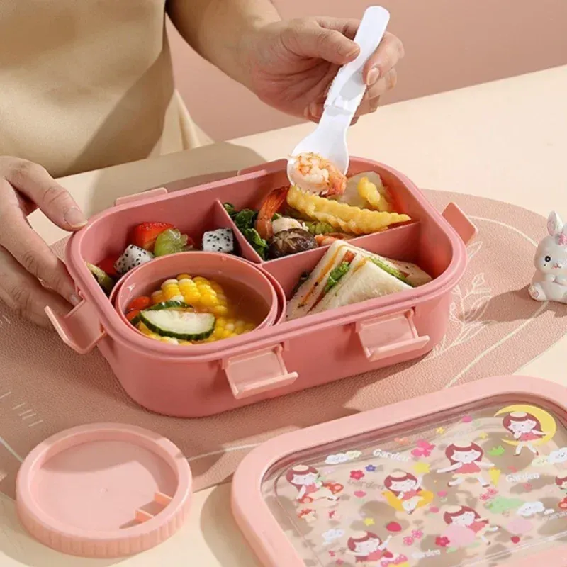 Boîte à déjeuner à motifs dessins animés 1000/1350 ml avec bol à soupe, boîte Bento à anse portable, hermétique et étanche 5