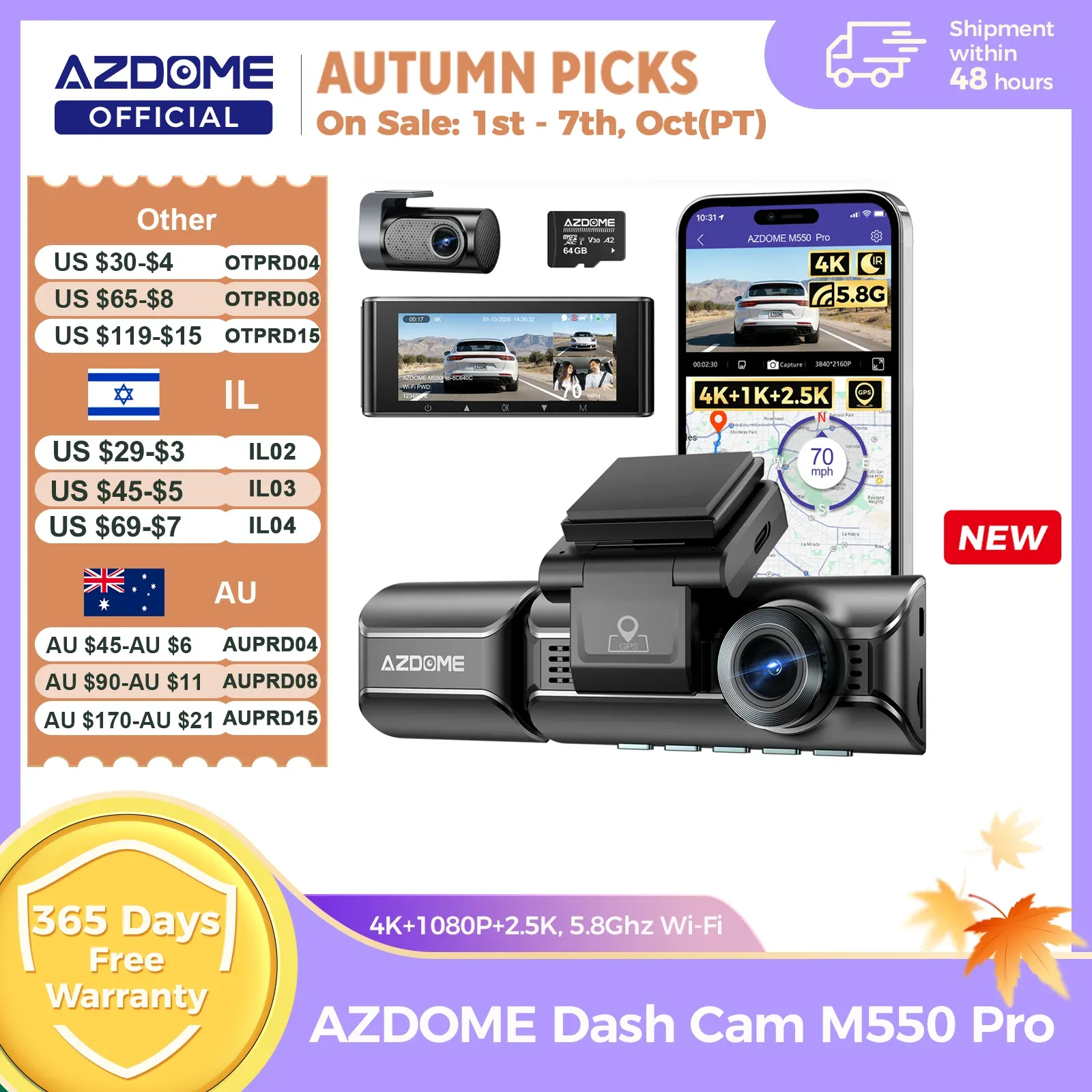 AZDOME M550 Pro Dashcam 4K avant, Wi-Fi 5.8 GHz, GPS, capteur G, vision nocturne IR, surveillance de stationnement - Image 1