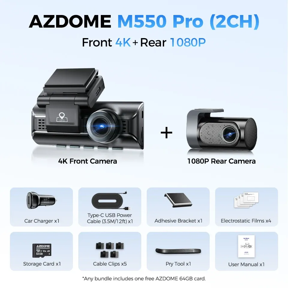 AZDOME M550 Pro Dashcam 4K avant, Wi-Fi 5.8 GHz, GPS, capteur G, vision nocturne IR, surveillance de stationnement 7