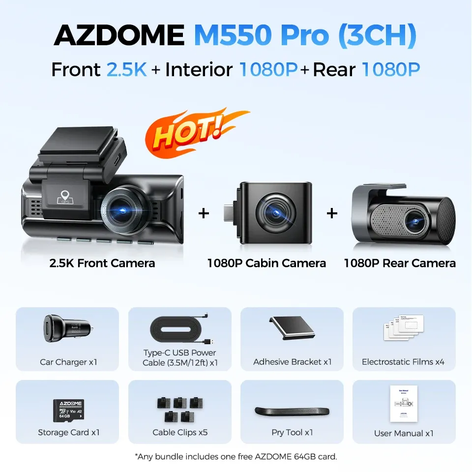 AZDOME M550 Pro Dashcam 4K avant, Wi-Fi 5.8 GHz, GPS, capteur G, vision nocturne IR, surveillance de stationnement 9
