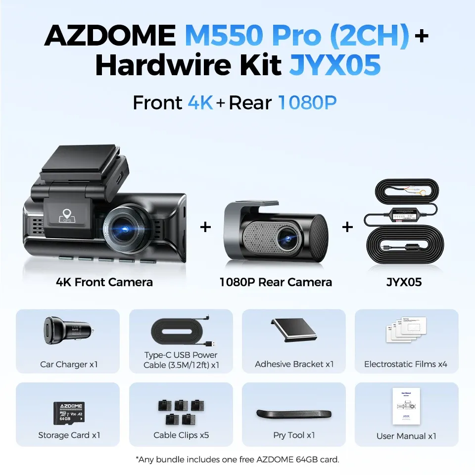 AZDOME M550 Pro Dashcam 4K avant, Wi-Fi 5.8 GHz, GPS, capteur G, vision nocturne IR, surveillance de stationnement 10