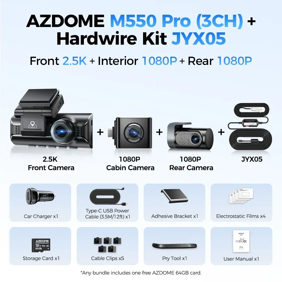 AZDOME M550 Pro Dashcam 4K avant, Wi-Fi 5.8 GHz, GPS, capteur G, vision nocturne IR, surveillance de stationnement 8