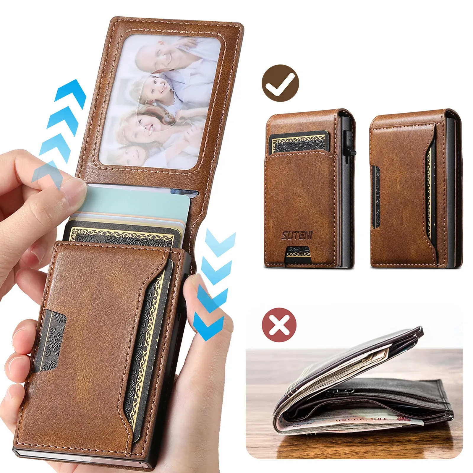 Portefeuille en cuir PU SUTENI pour hommes, porte-cartes, couvercle rabattable, boîte à cartes, bouton de pression qui éjecte automatiquement la carte