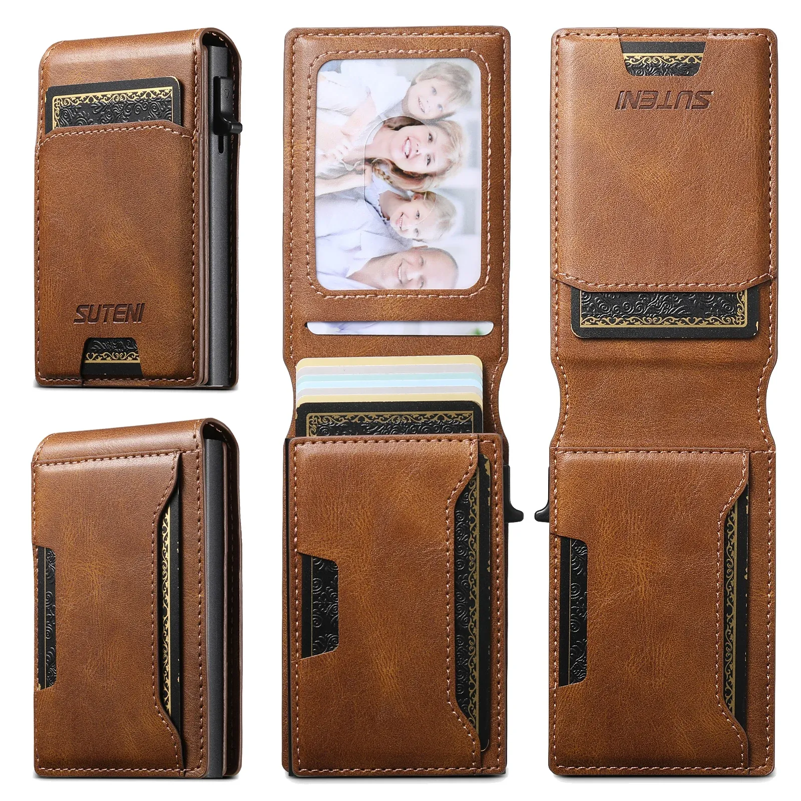 Portefeuille en cuir PU SUTENI pour hommes, porte-cartes, couvercle rabattable, boîte à cartes, bouton de pression qui éjecte automatiquement la carte 3
