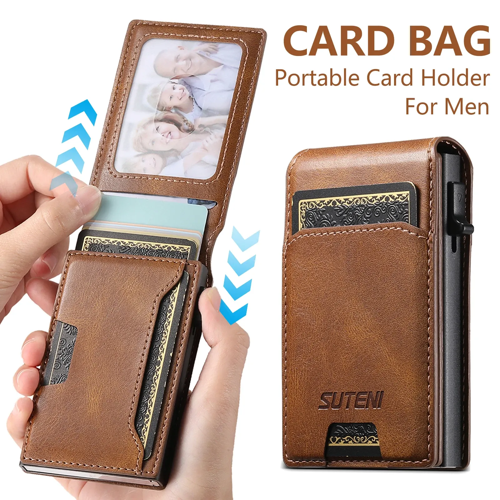Portefeuille en cuir PU SUTENI pour hommes, porte-cartes, couvercle rabattable, boîte à cartes, bouton de pression qui éjecte automatiquement la carte 4