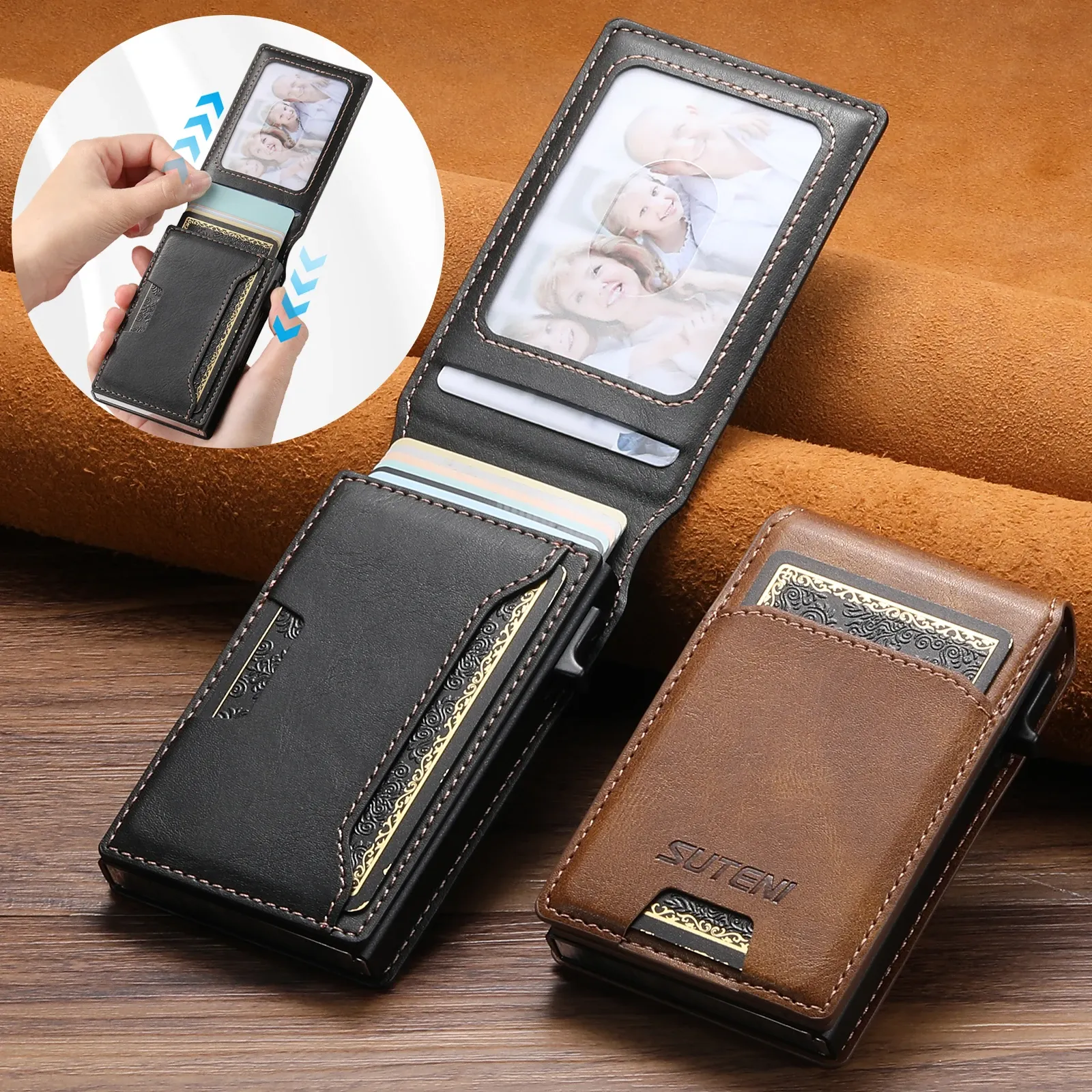 Portefeuille en cuir PU SUTENI, éjection automatique de la carte