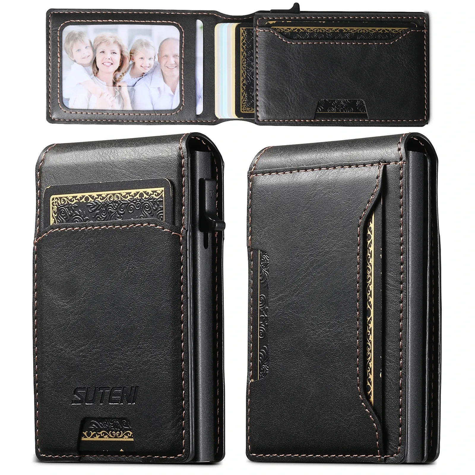 Portefeuille en cuir PU SUTENI pour hommes, porte-cartes, couvercle rabattable, boîte à cartes, bouton de pression qui éjecte automatiquement la carte 8