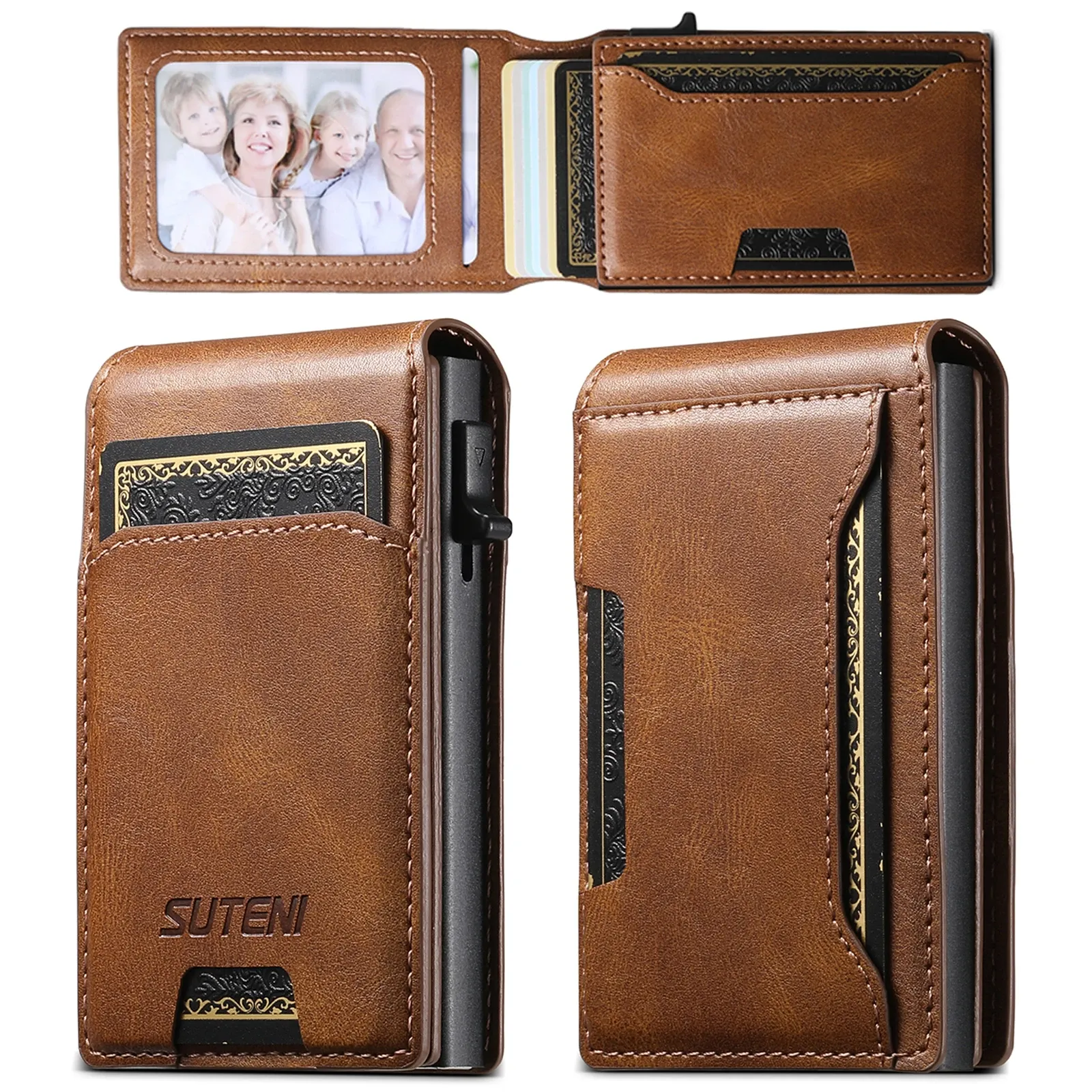 Portefeuille en cuir PU SUTENI pour hommes, porte-cartes, couvercle rabattable, boîte à cartes, bouton de pression qui éjecte automatiquement la carte 7