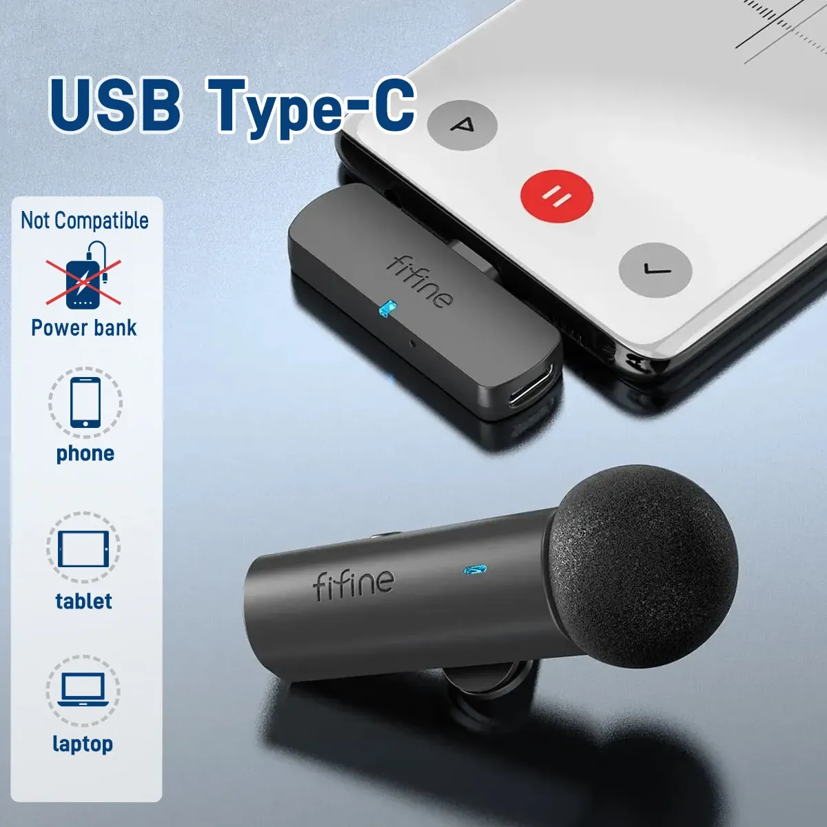 Microphone cravate sans fil FIFINE M6 à connecteur USB-C pour smartphone, tablette et ordinateur portable, pour streaming, vlogs et interviews 2