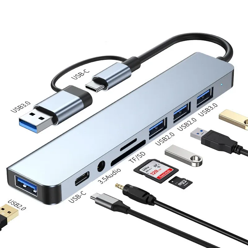 Station d'accueil USB 8 en 2 avec lecteur de carte SD/TF et adaptateur USB-C vers USB OTG pour tablette, smartphone et ordinateur