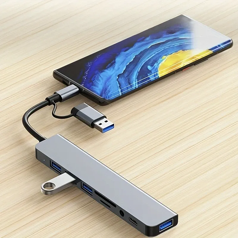 Station d'accueil USB 8 en 2 avec lecteur de carte SD/TF et adaptateur USB-C vers USB OTG pour tablette, smartphone et ordinateur 2