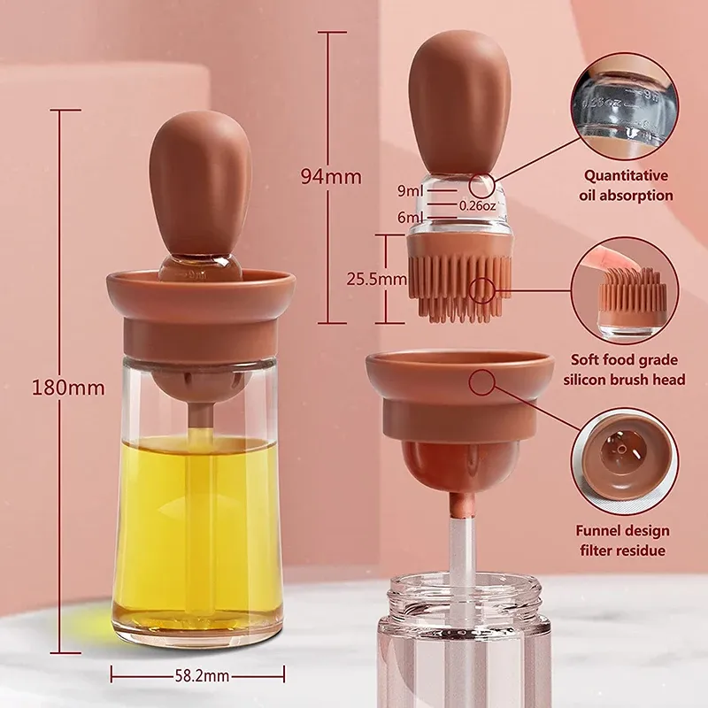 Bouteille d'huile de cuisine portable avec brosse en silicone, contrôle du dosage et vaporisateur pour barbecue, distributeur d'huile de cuisson 3
