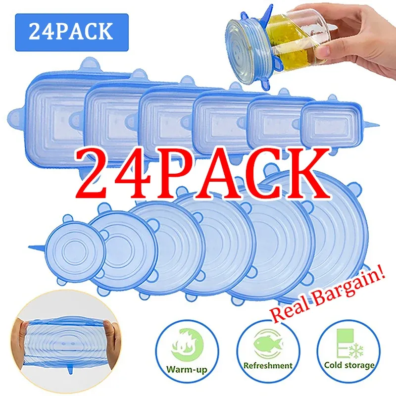 Lot de 6, 12 ou 24 couvercles alimentaires extensibles en silicone, réutilisables et hermétiques pour la conservation des aliments - Image 1