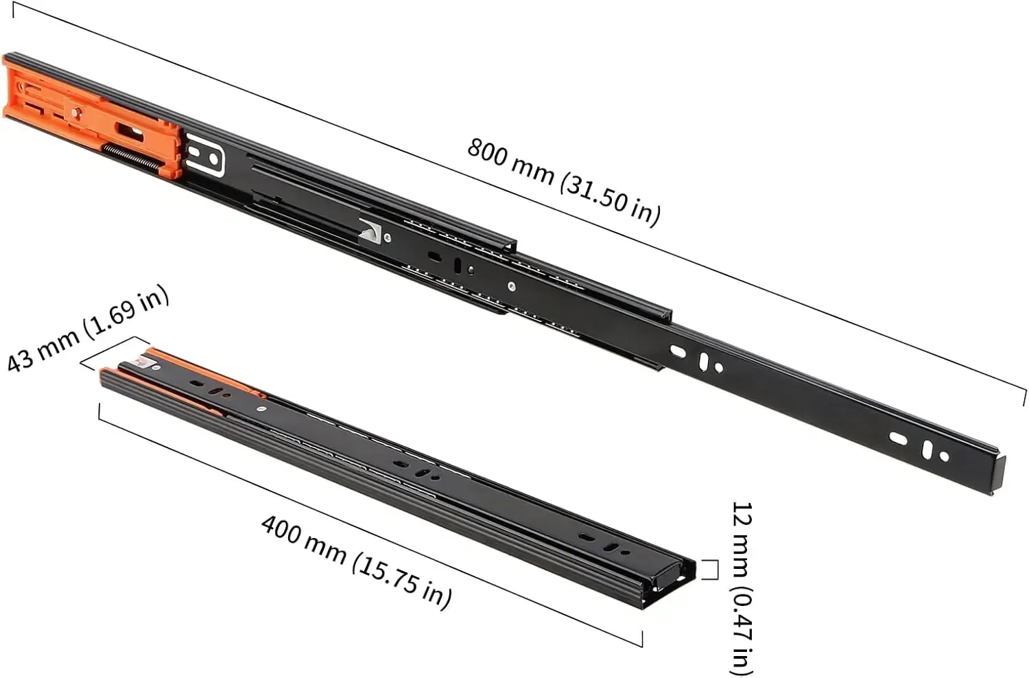 Le title is already in French, so I'll produce a cleaner professional French version.

Glissières de tiroir à billes en acier, 12 à 20 pouces, largeur de rail 45 mm, rail silencieux à trois sections, ferrures pour meubles, lot de 2 2